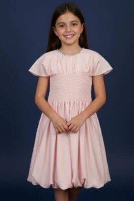 صورة فستان وردي مع مطاط جمبل على الخصر